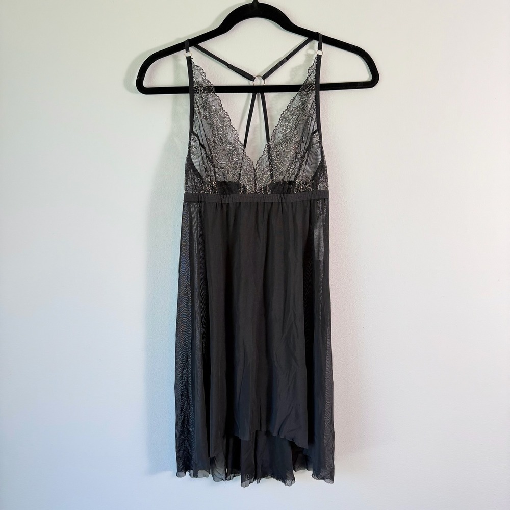 Hanky Panky Black Lace Mesh Babydoll Chemise Nightgown Lingerie Size M